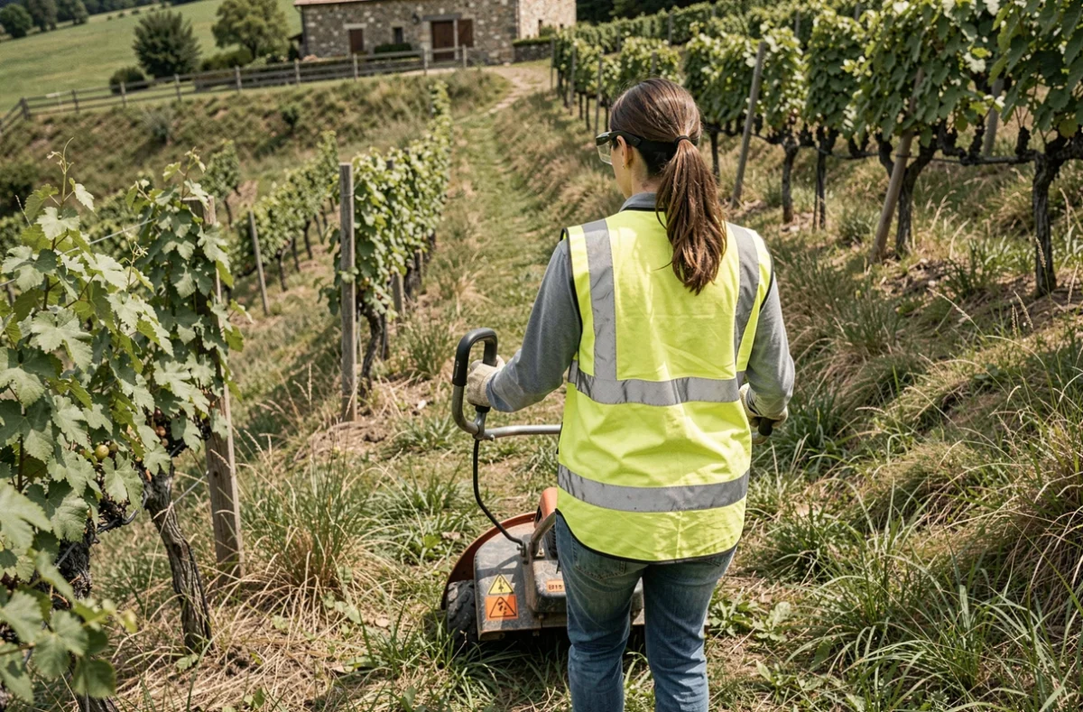 Femme opératrice conduisant une débroussailleuse autoportée sur un coteau de vignes en pente