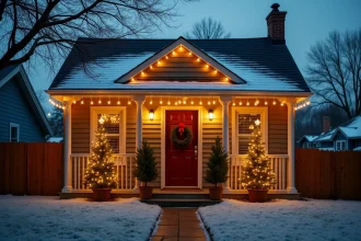 Décoration de Noël extérieure petit budget avec guirlandes lumineuses blanches sur une maison de banlieue