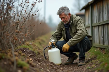 Jardinier appliquant un désherbant radikal sur des ronces envahissantes le long d'une clôture en bois