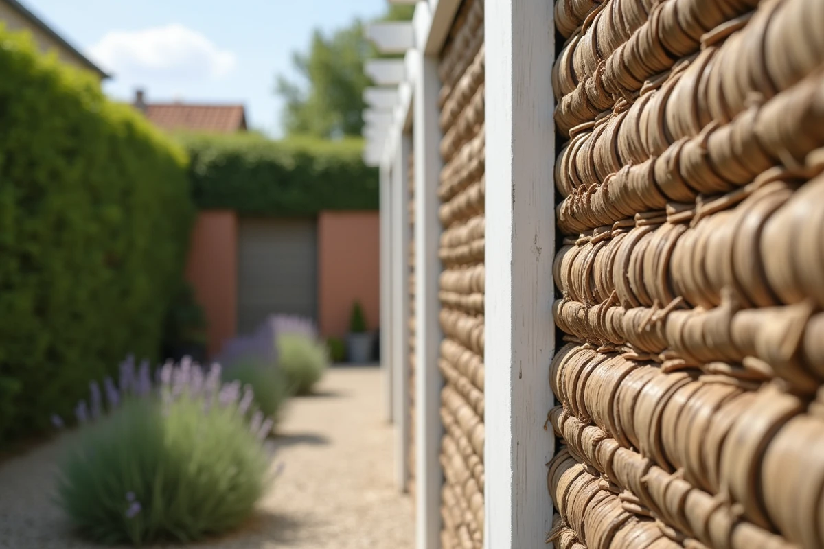 Détail d'un panneau de canisse en roseau tressé fixé sur une pergola blanche avec vue sur la clôture voisine en arrière-plan flou
