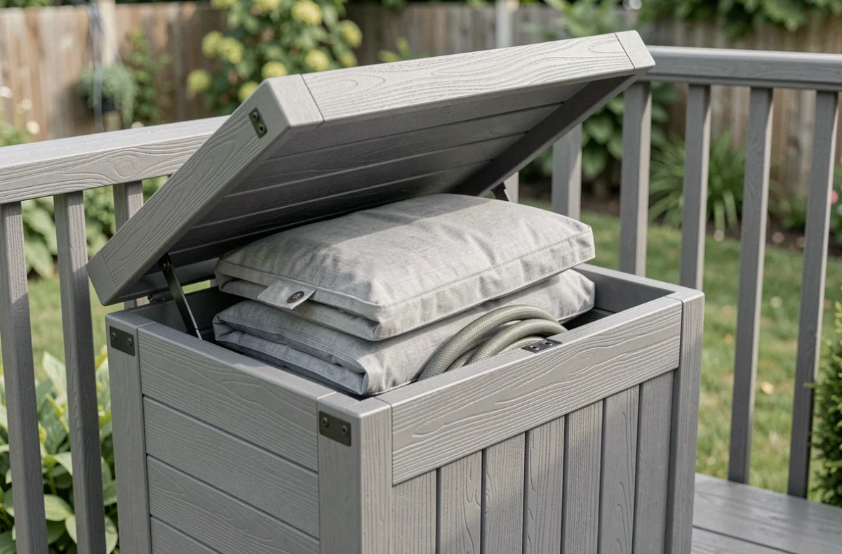 Détail d'un coffre de terrasse avec assise intégrée ouvert montrant le rangement de coussins et d'un tuyau d'arrosage