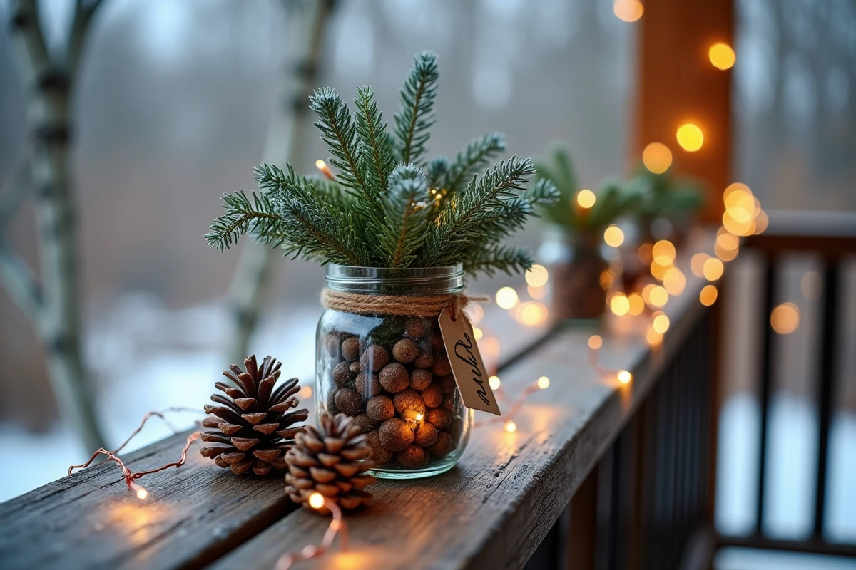 Détail de décoration de Noël extérieure DIY avec bocal en verre, pommes de pin et guirlande cuivrée sur une balustrade en bois