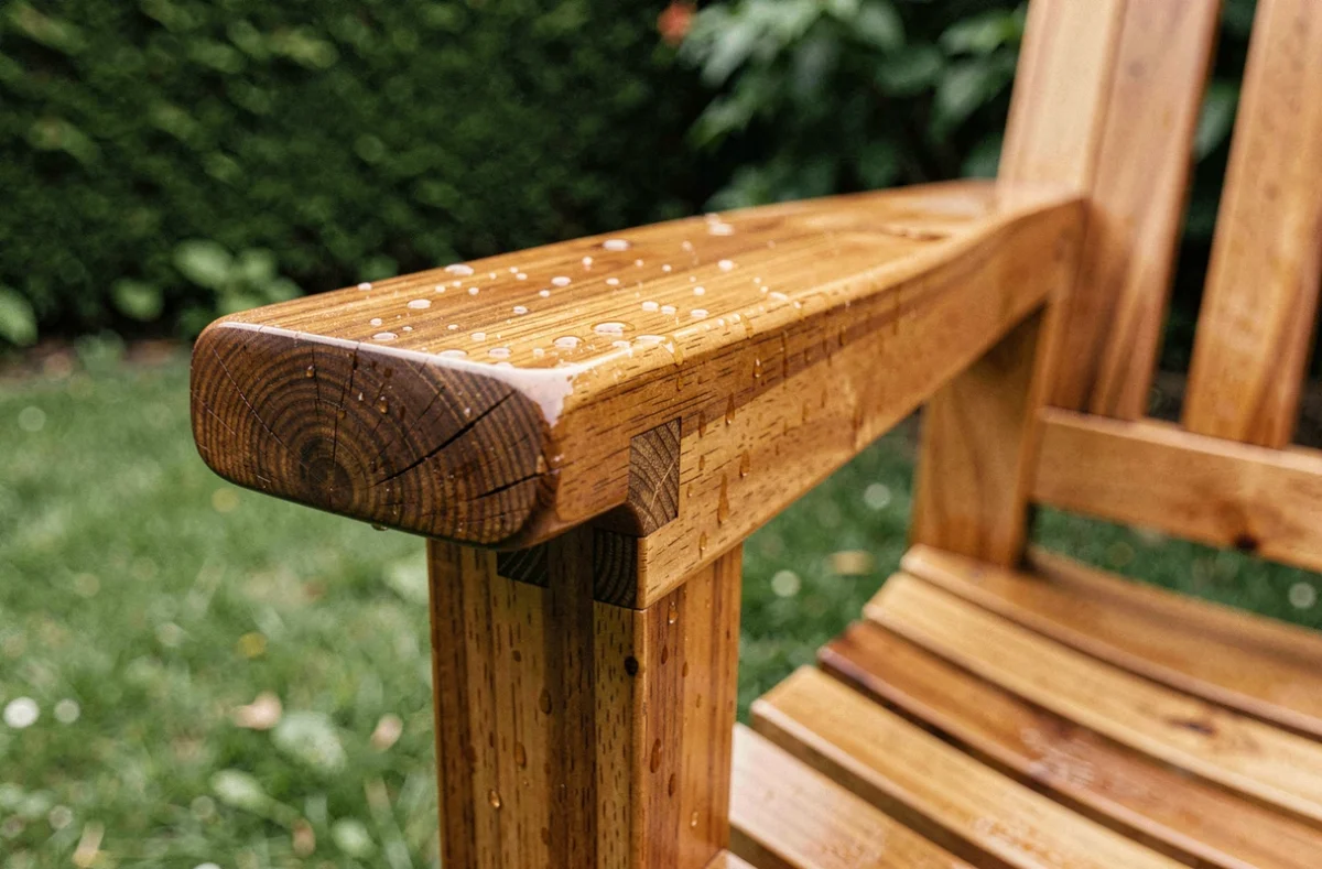 Détail en gros plan d'un fauteuil de jardin en teck huilé avec gouttelettes d'huile visibles sur le grain du bois et assemblage tenon-mortaise apparent