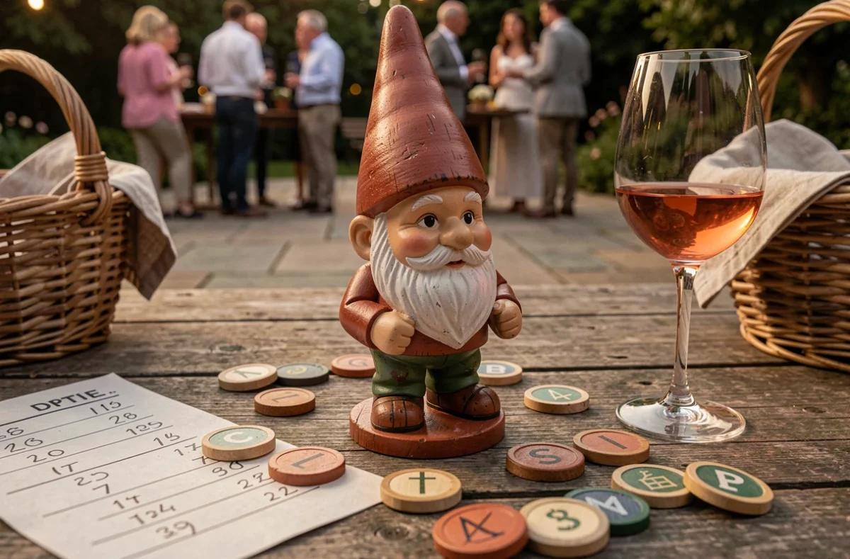 Détail artisanal d'un pion nain de jardin en bois peint avec carnet de score et verre de rosé lors d'une soirée en plein air