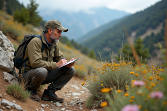 Ecologiste en pleine nature méditerranéenne avec plantes