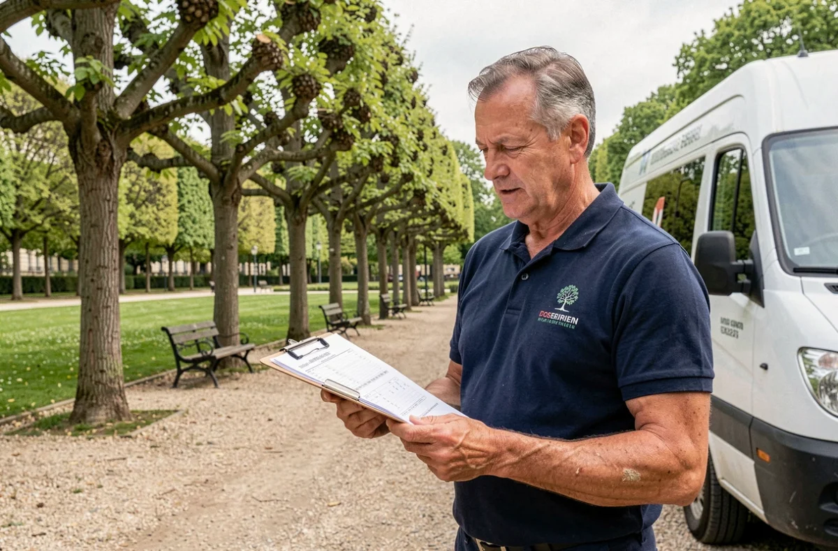 Élagueur certifié consultant un rapport d'évaluation arboricole devant son véhicule professionnel dans un parc du Val-de-Marne