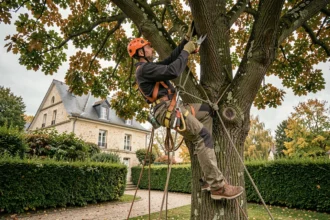 Élagueur professionnel avec harnais de sécurité grimpant dans un grand chêne pour une taille en hauteur dans un jardin du Val-de-Marne