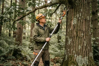 Élagueur professionnel équipé d'une perche élagueuse et d'un équipement de protection certifié en forêt