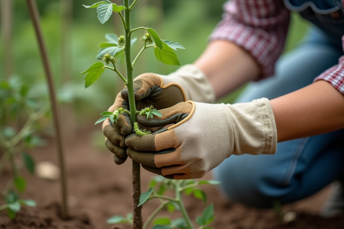 Jardinière retirant manuellement des chenilles vertes d'un plant de tomate dans un potager