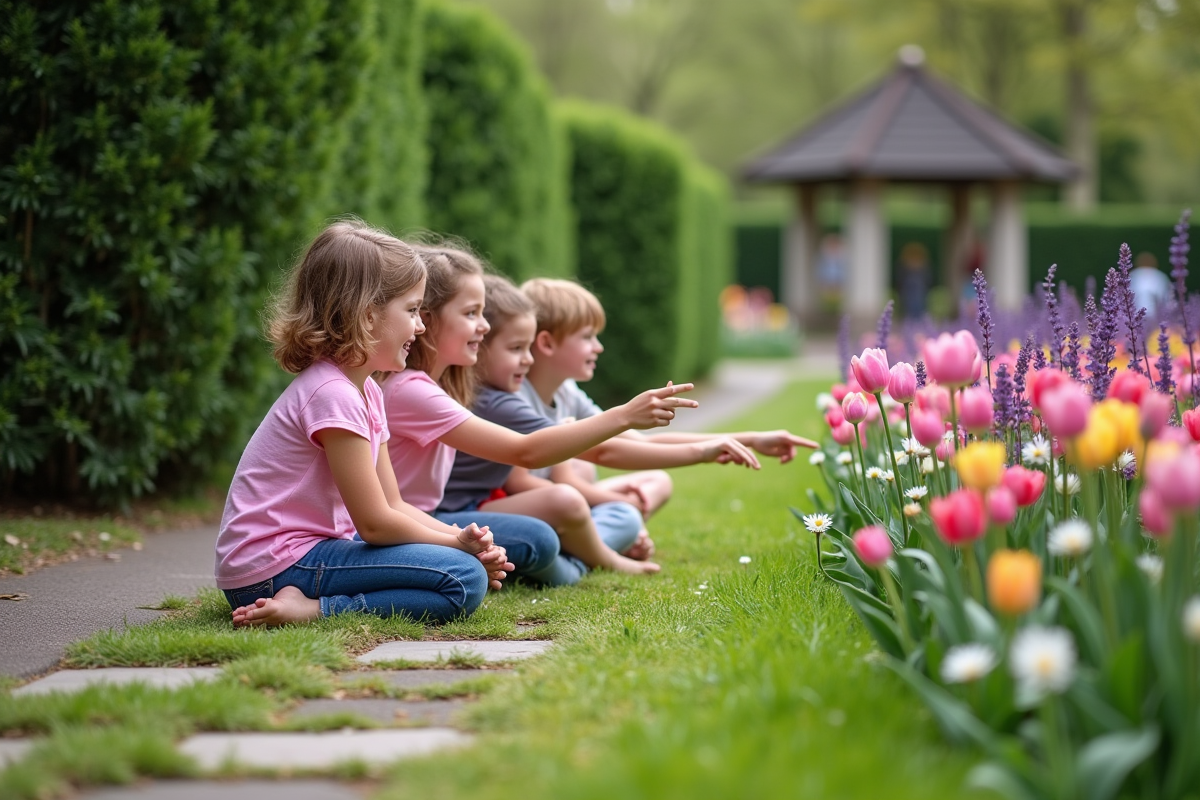 Enfants regardant des fleurs dans un jardin public