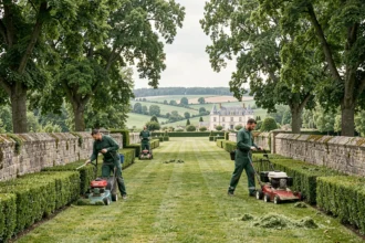 Équipe d'entretien de jardin professionnelle travaillant dans un domaine de la région Centre-Val de Loire, avec pelouses soignées et château en arrière-plan