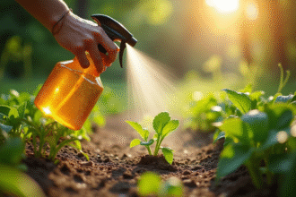 Personne utilisant un spray naturel contre les mauvaises herbes