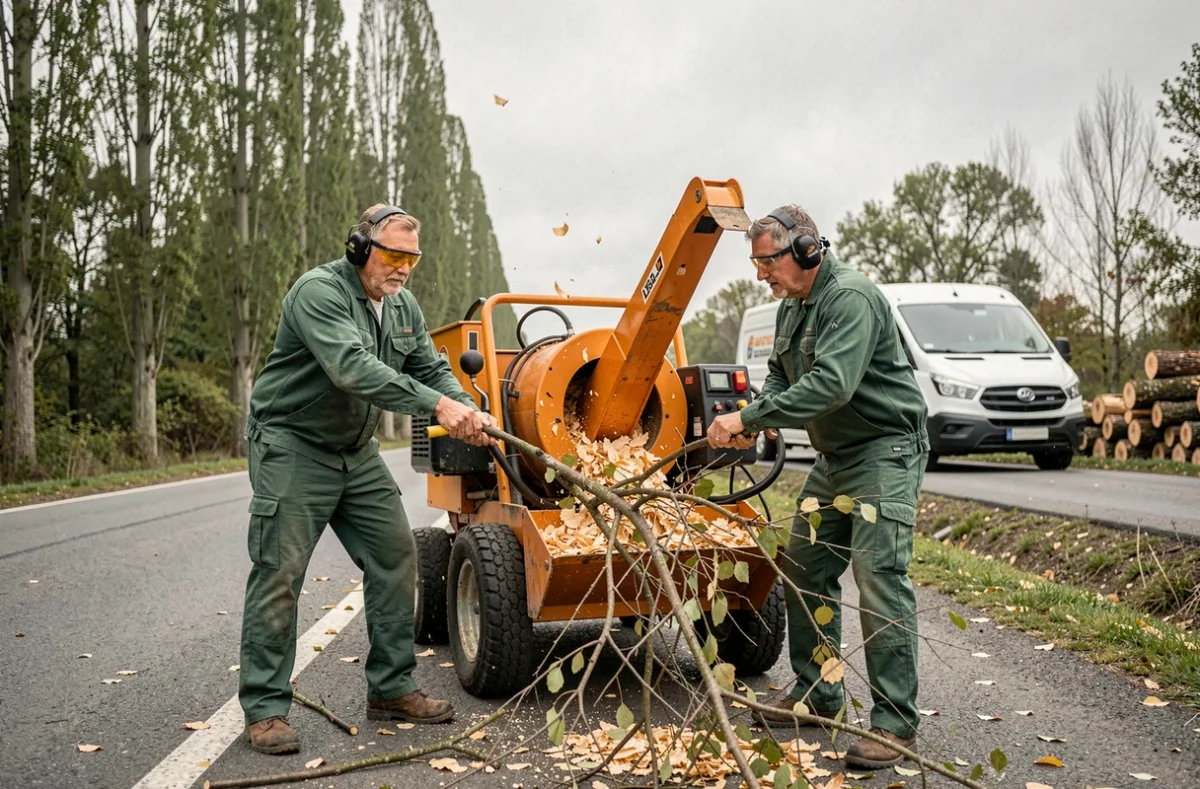 Deux arboristes élagueurs utilisant un broyeur de branches au bord d'une route rurale