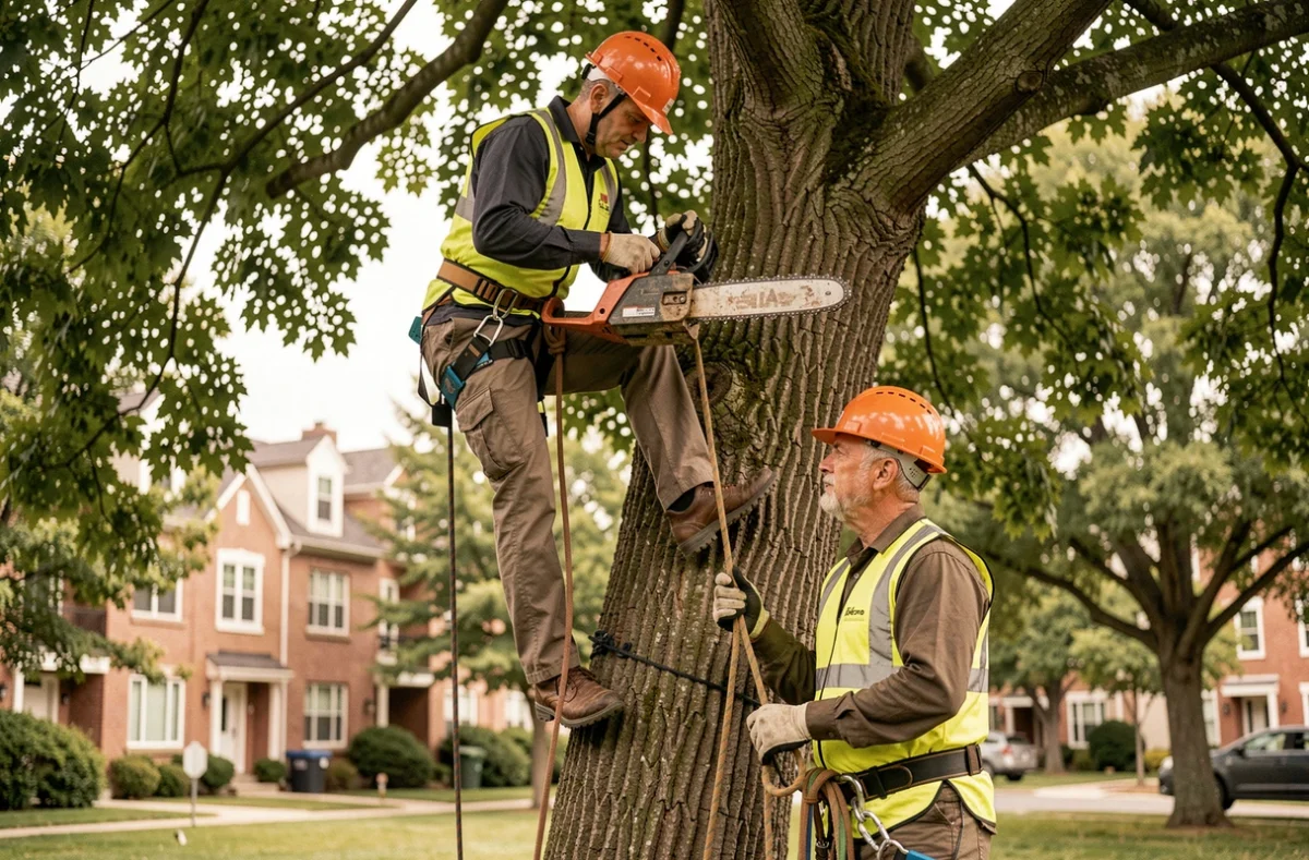 Deux élagueurs travaillant en équipe dans un parc urbain avec harnais et tronçonneuse professionnelle
