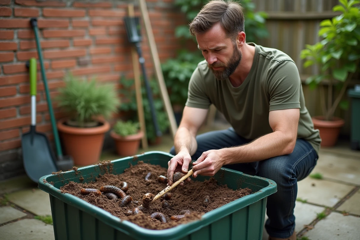 Homme débutant en lombricompostage transférant des vers de terre dans un bac à compost extérieur