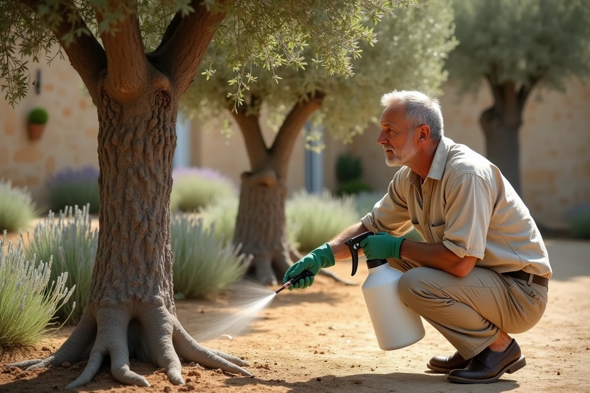 Jardinier appliquant incorrectement un traitement chimique sur un olivier infesté de cochenilles