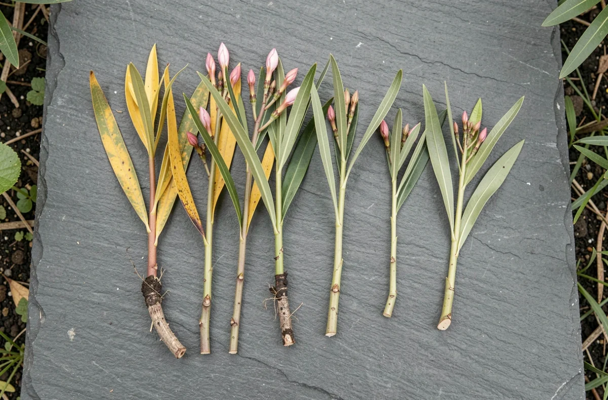 Comparaison de boutures de laurier rose réussies et ratées posées sur une surface en ardoise, montrant les erreurs courantes de bouturage