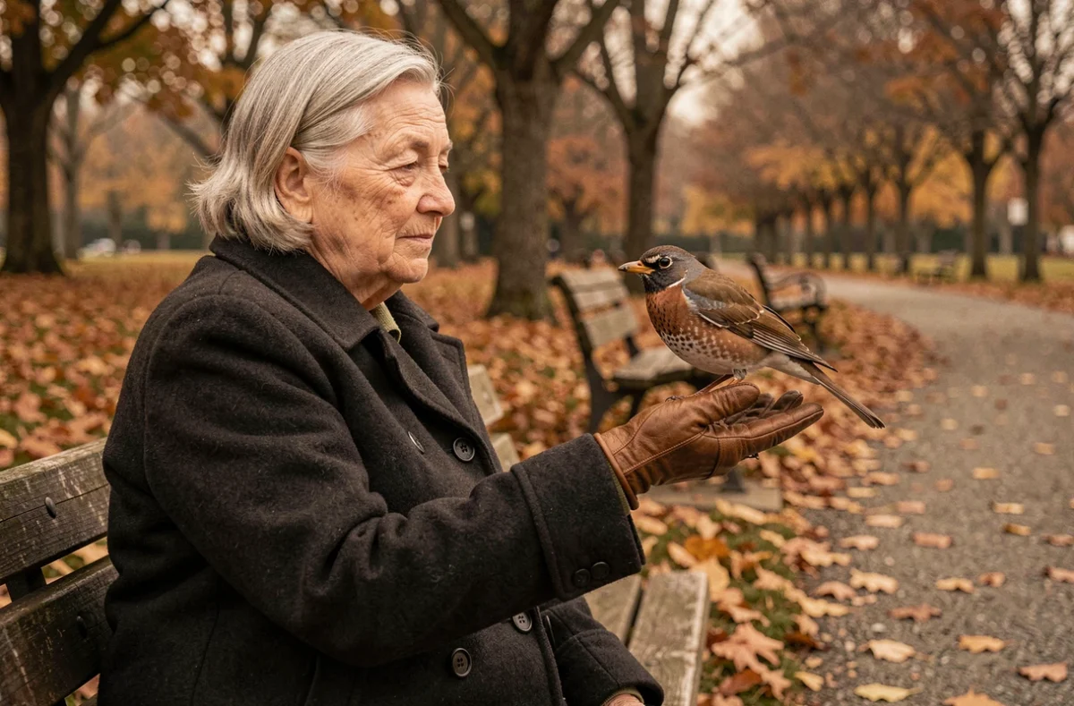 Femme âgée avec un rouge-gorge posé sur sa main dans un parc en automne, symbole de deuil et de connexion spirituelle