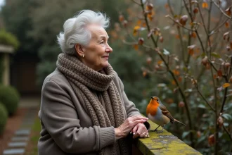 Femme âgée dans un jardin rustique regardant un rouge-gorge