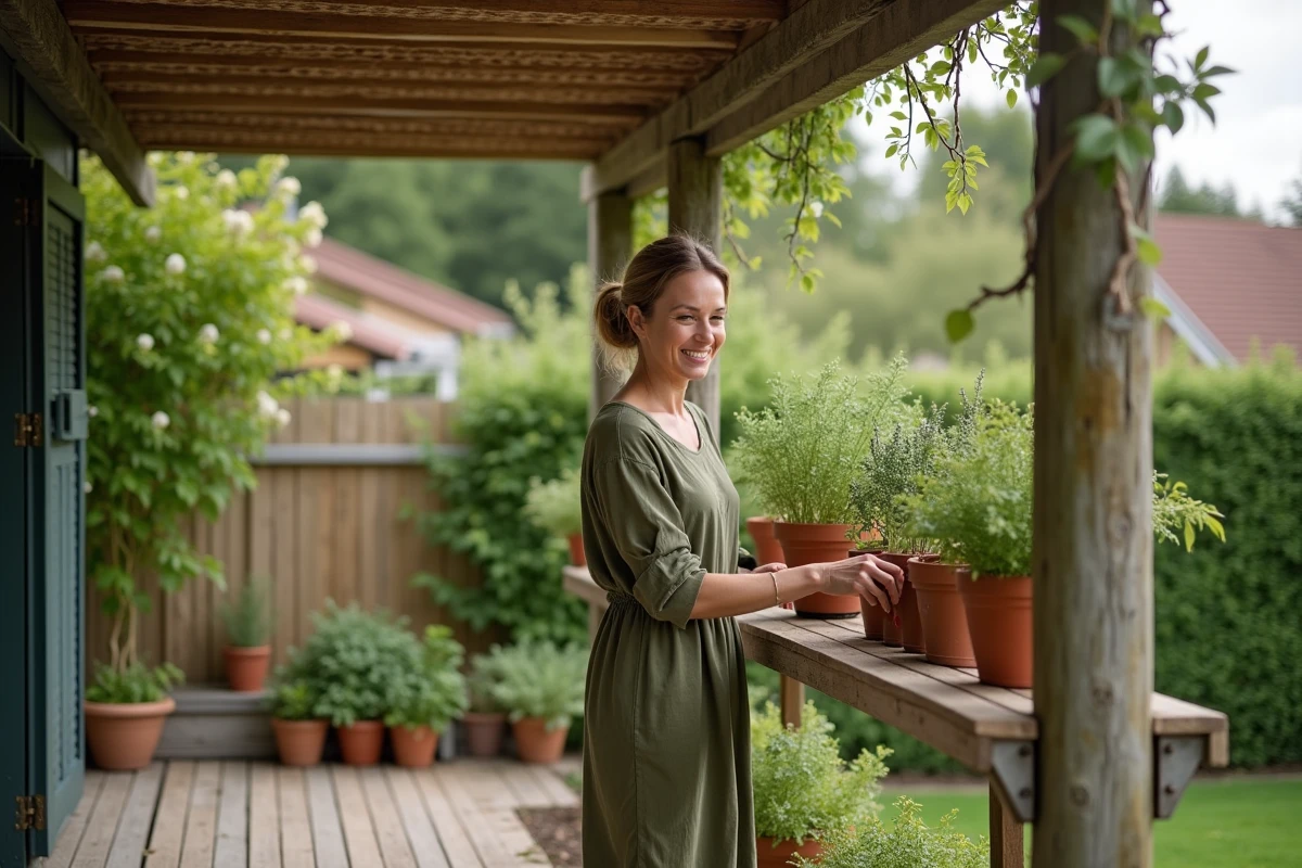 Femme aménageant une pergola avec panneaux de canisse verticaux pour créer une intimité partielle dans un jardin de maison individuelle