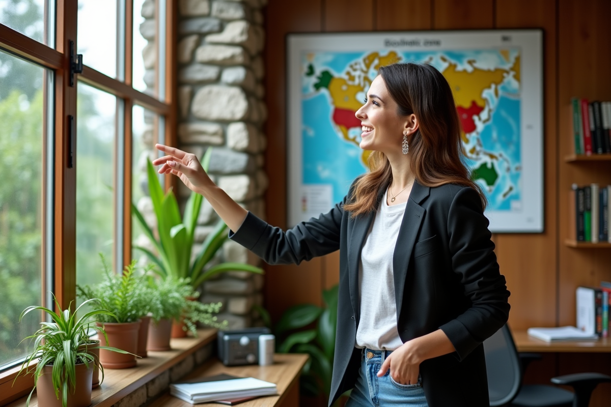 Jeune femme pointant une carte des zones bioclimatiques