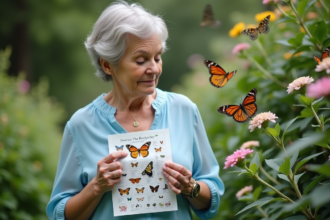 Femme en blouse bleue observant des papillons dans un jardin