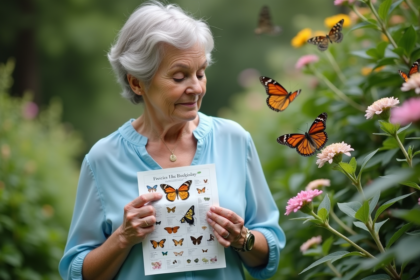 Femme en blouse bleue observant des papillons dans un jardin