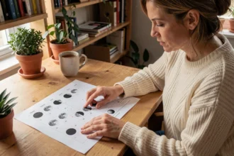 Femme consultant un calendrier lunaire 2026 imprimé sur un bureau en bois dans un bureau à domicile chaleureux