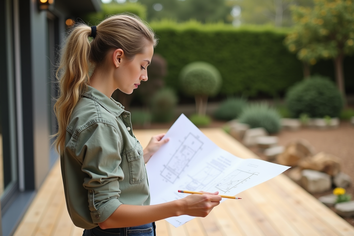 Jeune femme vérifiant la construction de la terrasse