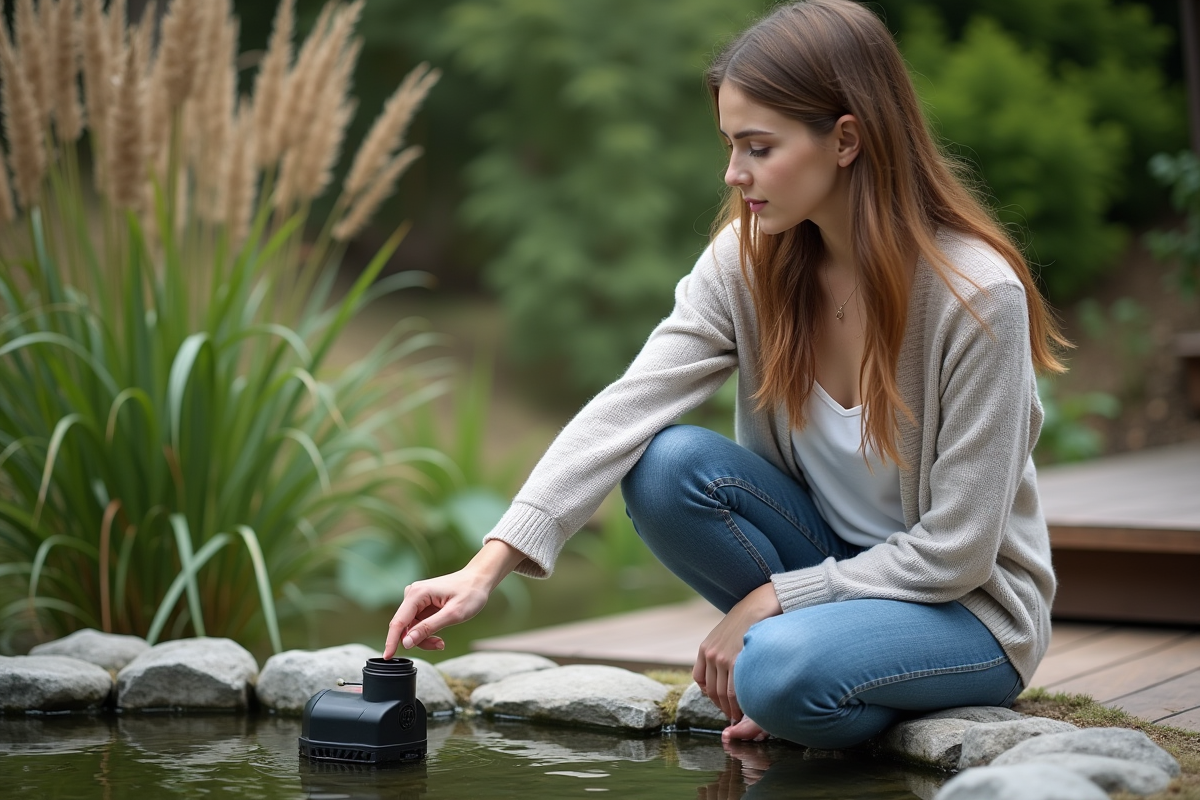 Jeune femme pointe une pompe de bassin en discutant