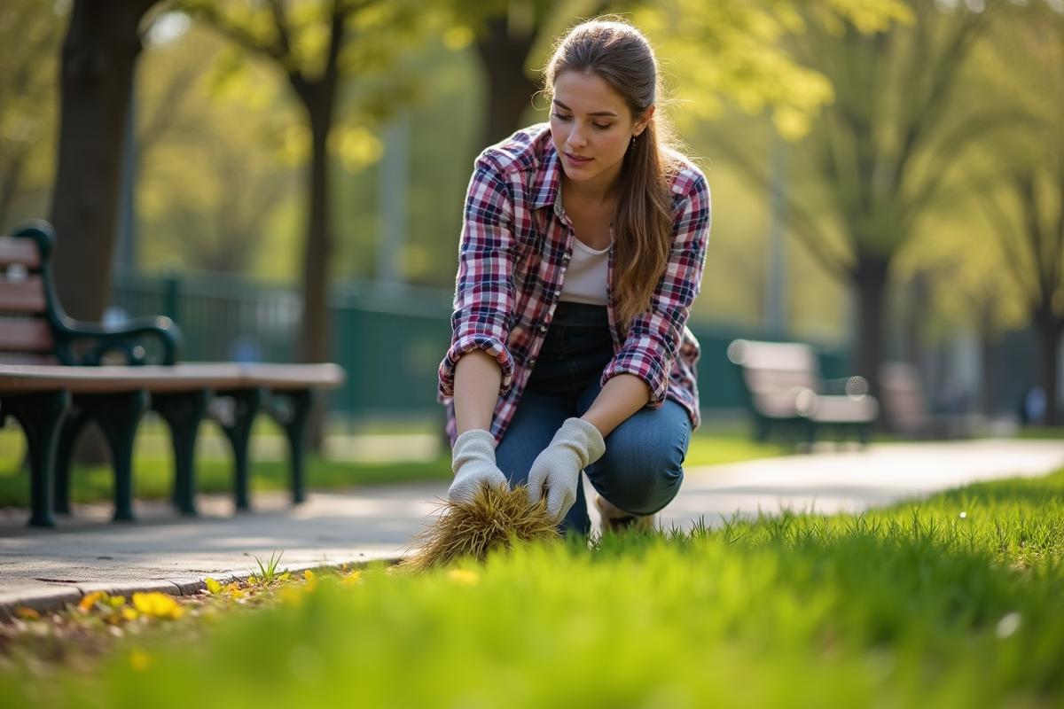 Jeune femme tenant un échantillon de gazon jaune dans un parc