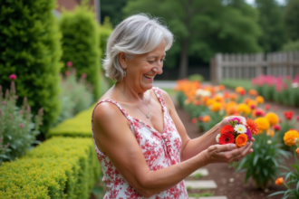 Femme d'âge moyen arrangeant des fleurs dans un jardin