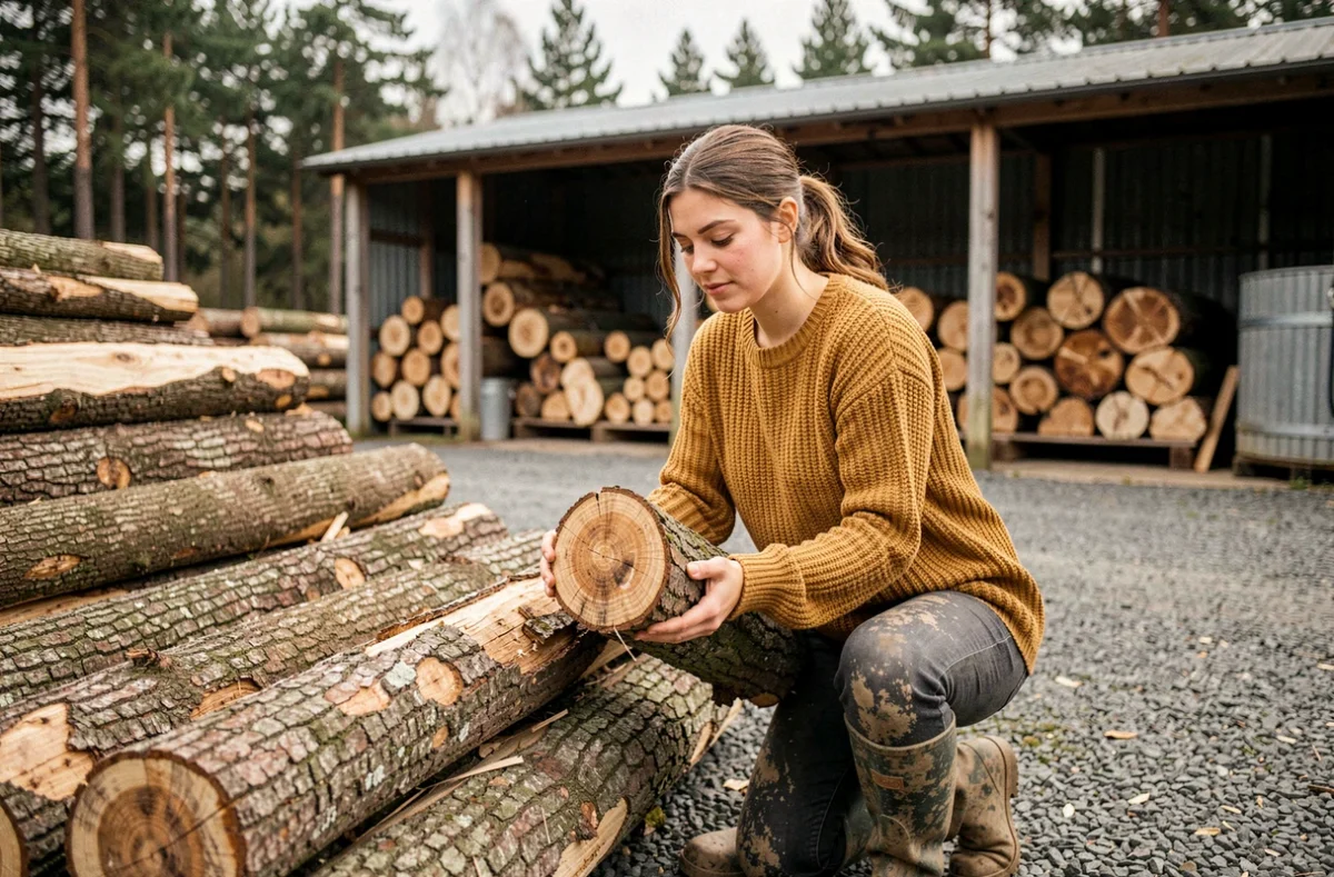 Femme inspectant des grumes de bois de chauffage chez un négociant local en bois, soutenant l'économie forestière régionale
