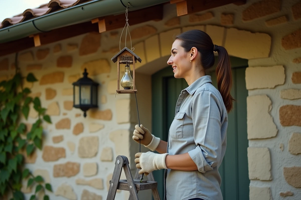 Femme inspectant un piège à frelons accroché sous l'avant-toit d'une maison de campagne
