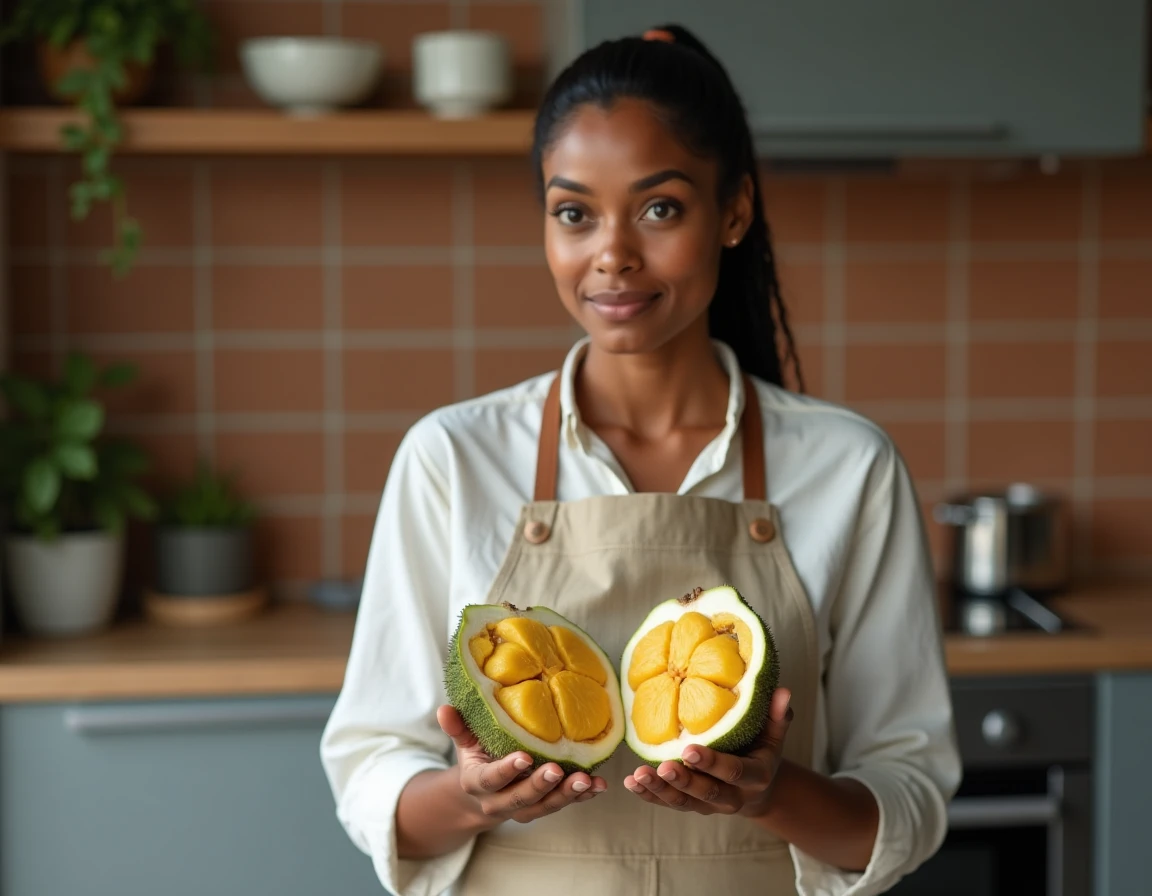 Femme tenant un jacquier tranché dans une cuisine moderne, découvrant l'intérieur doré du fruit