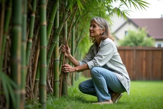 Femme d'âge moyen dans un jardin examine un bambou