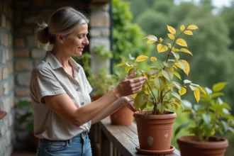 Femme examinant un laurier rose jaunissant sur son balcon