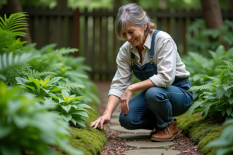 Femme d'âge moyen dans un jardin ombragé examine des plantes vivaces