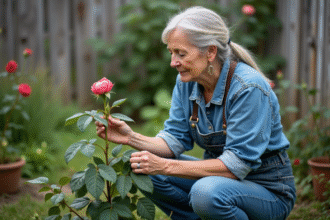 Femme en jardinage examine un rosier fané dans son jardin