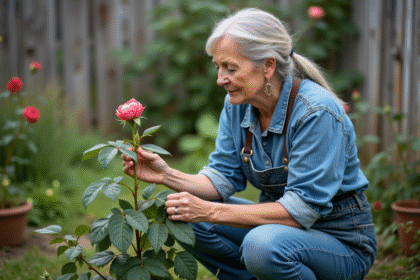 Femme en jardinage examine un rosier fané dans son jardin