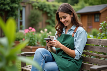 Femme dans son jardin avec smartphone et plantes