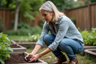 Femme en jardin examinant la texture du sol
