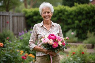 Femme jardinant tenant un bouquet de fleurs colorées