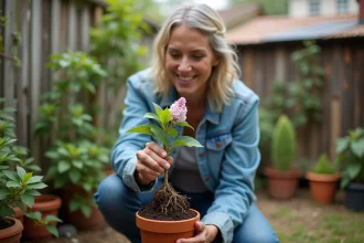 Femme en jardinage urbain tenant un petit lilas en pot