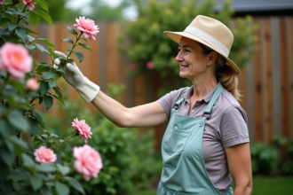 Femme jardinant inspectant un rosier avec insectes