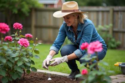 Femme en jardinage saupoudrant bicarbonate sur rosiers roses