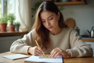 Jeune femme jouant au Scrabble dans la cuisine chaleureuse