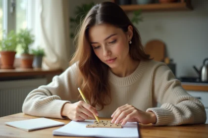 Jeune femme jouant au Scrabble dans la cuisine chaleureuse
