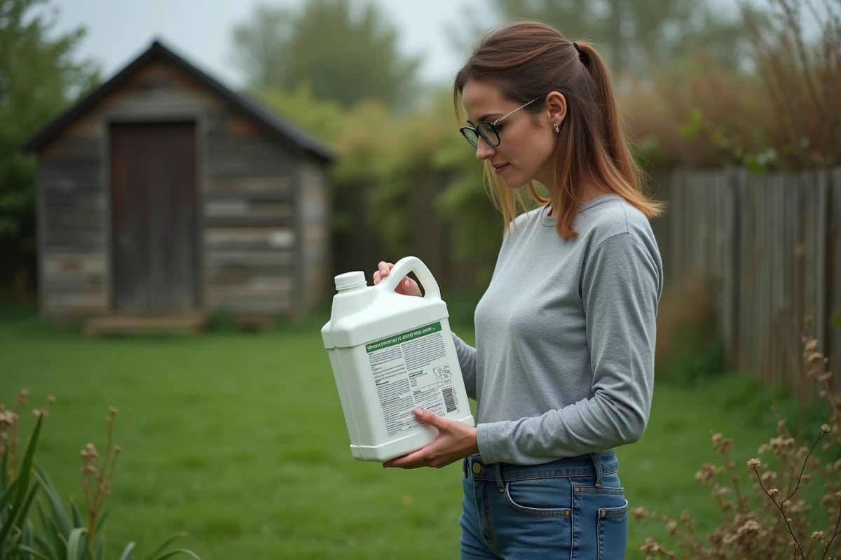 Femme lisant les instructions d'un désherbant radikal dans un jardin envahi par les mauvaises herbes