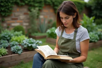 Femme lisant un livre sur la permaculture dans son potager productif entouré de légumes et d'herbes aromatiques